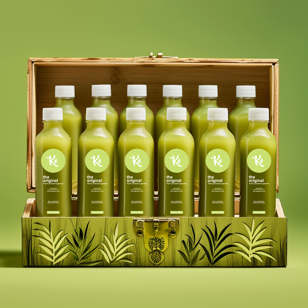 A box of sugarcane juice bottles from KoJuice